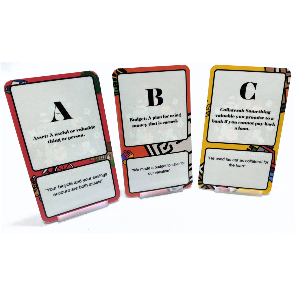 Three educational cards with definitions and examples on a white background
