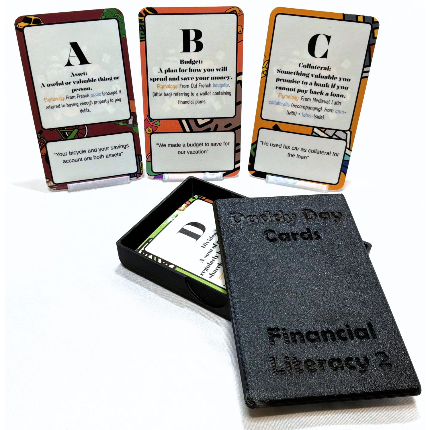 Set of educational flashcards with text and a black case on a white background