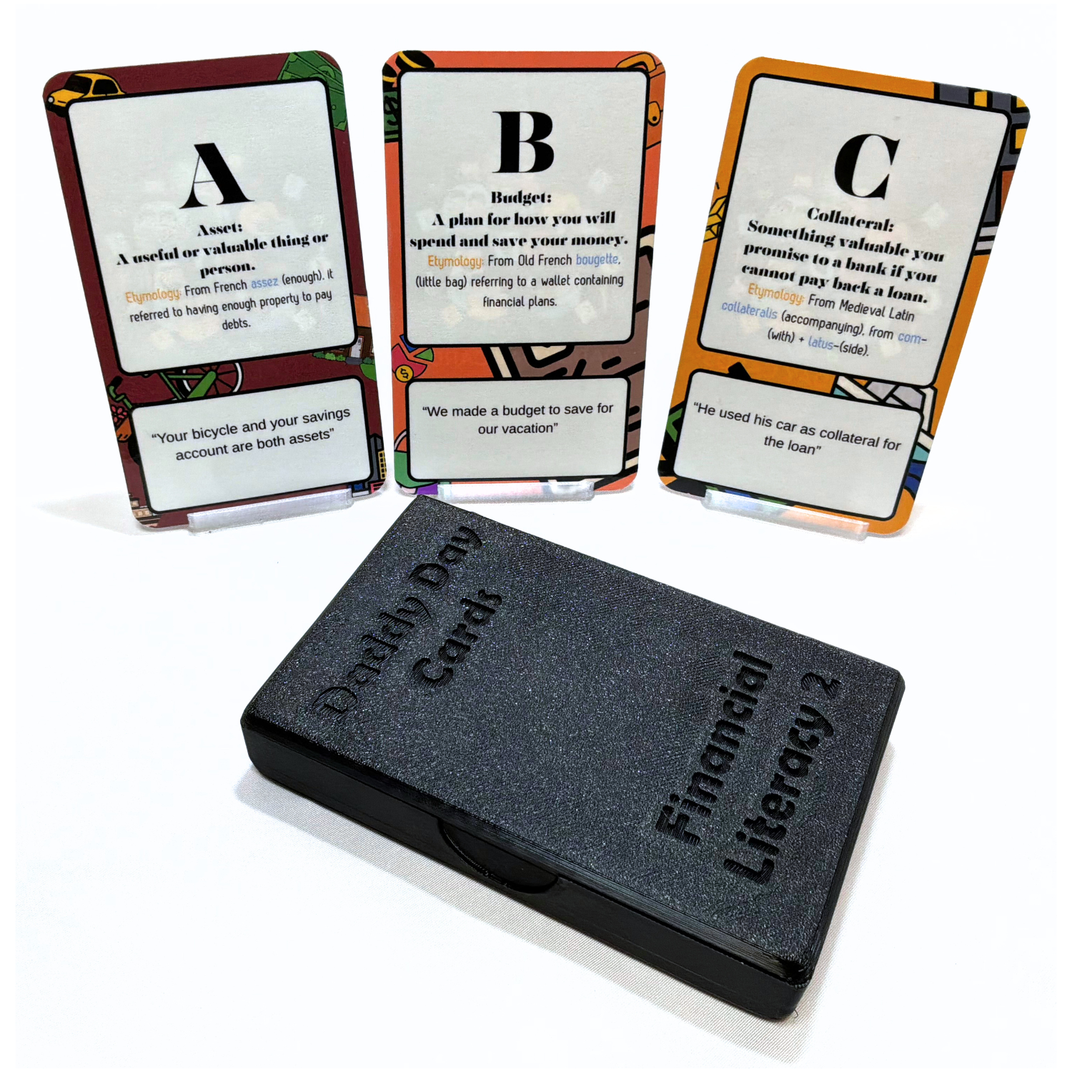 Set of educational flashcards with text and a black case on a white background