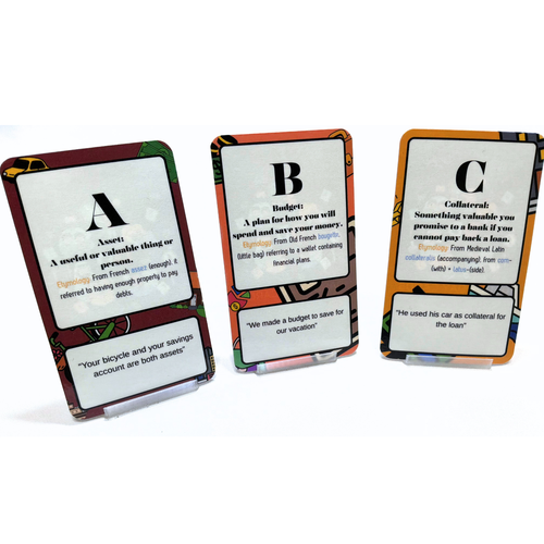 Three card games with text and symbols on a white background