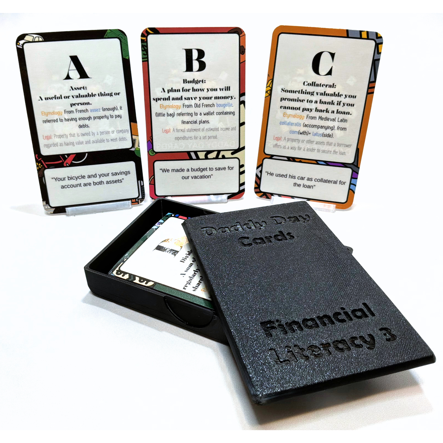 Set of educational cards on financial literacy with a black case labeled 'Financial Literacy 3'.