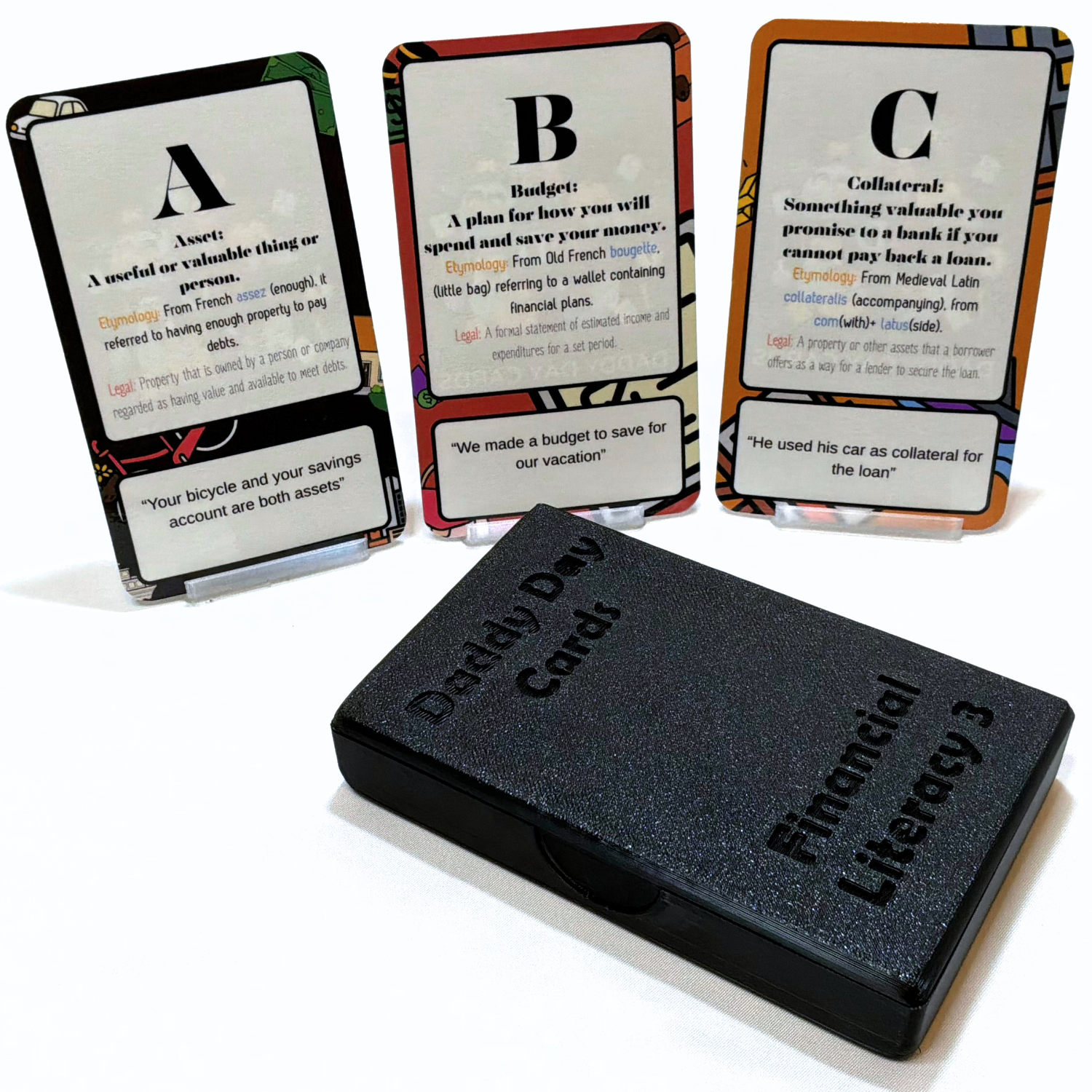 Set of educational cards on financial literacy with a black case labeled 'Financial Literacy 3'.