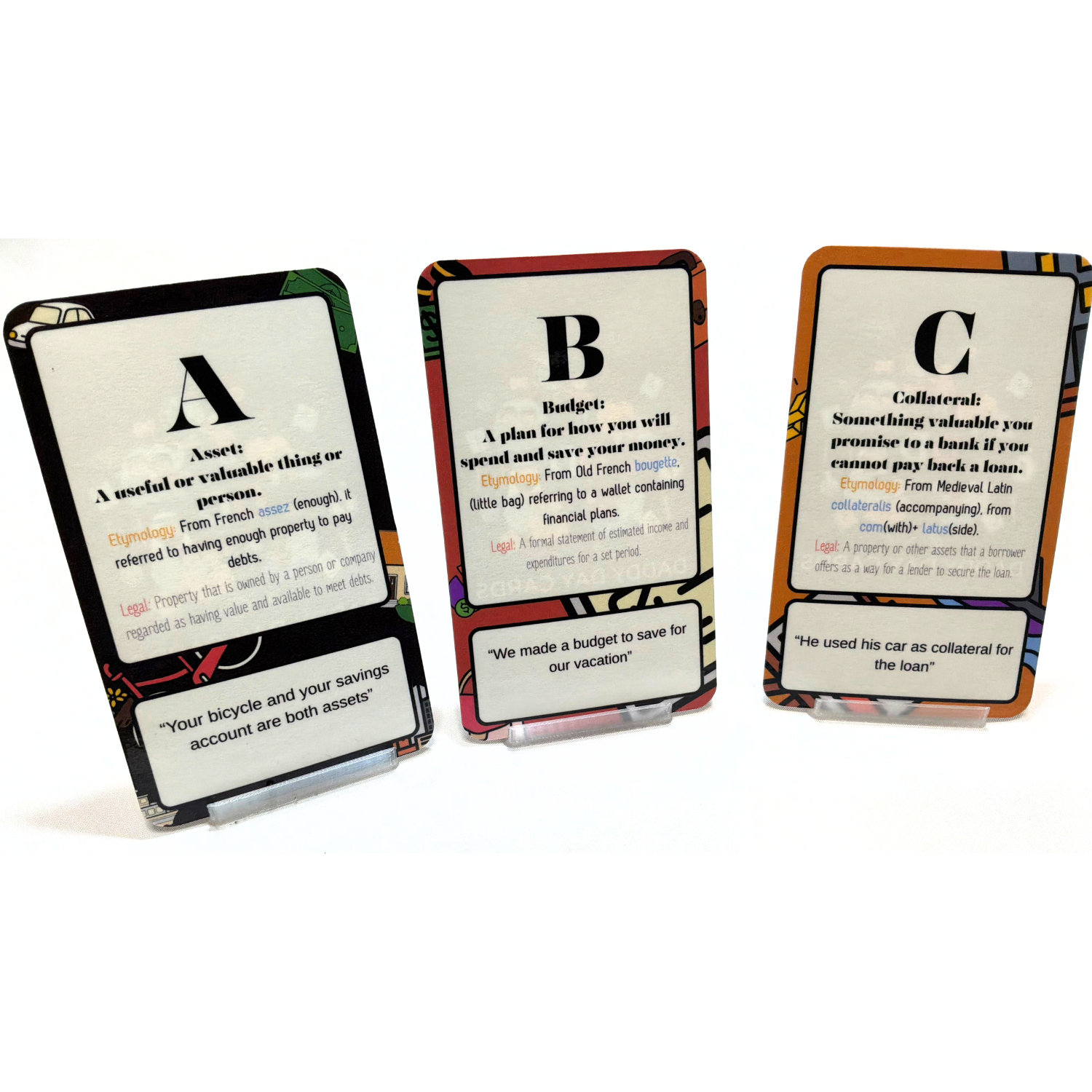Three playing cards with definitions on a white background